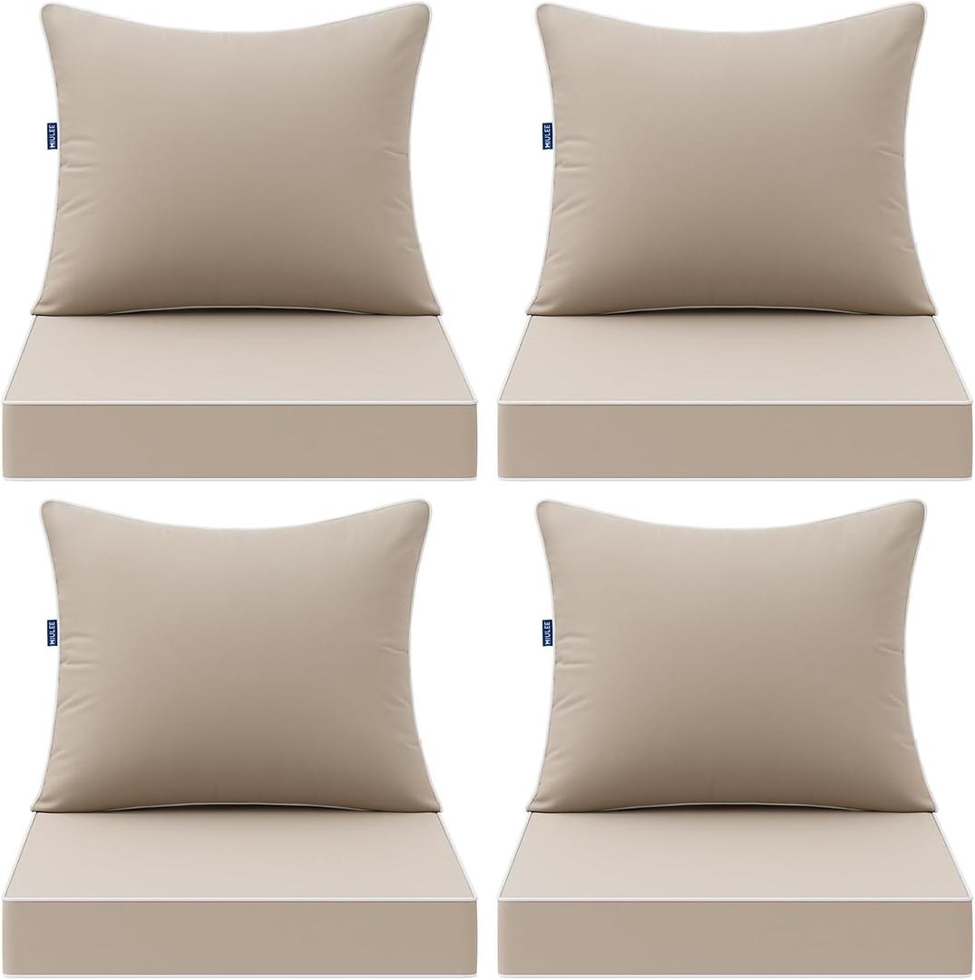 MIULEE Beige Outdoor Seat Cushion 22x22 Inch Set of 4 Waterproof & 3 Year Fade Resistant Deep Seat and Back Cushion for Patio Furniture Chair Sofa Couch with Handle and Adjustable Straps