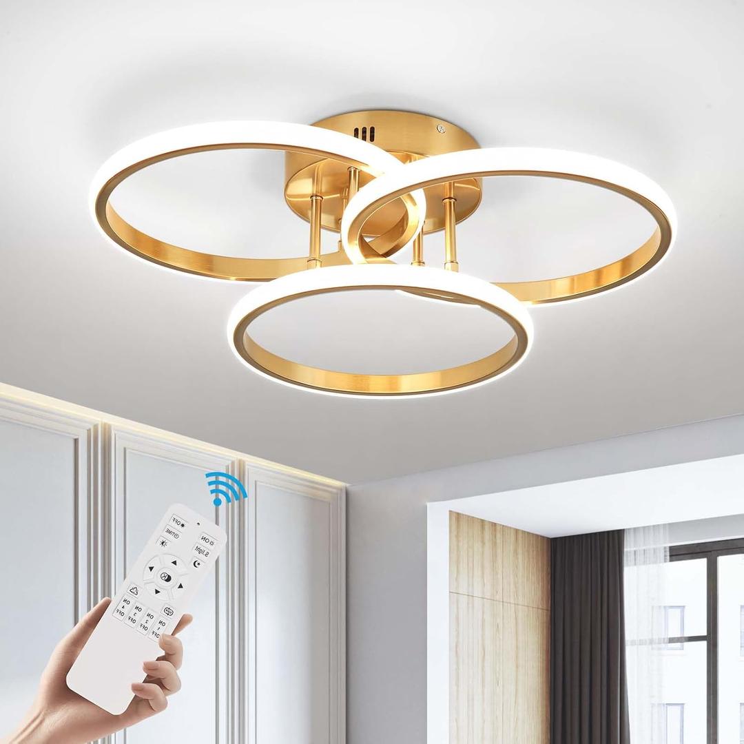 Modern Ceiling Light Fixture,3 Rings Dimmable Flush Mount Ceiling Light with Remote Control, Gold Close to Ceiling Lighting Fixtures for Bedroom Living Room Dining Room, Kitchen Ceiling Lamp