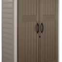 Rubbermaid Vertical Resin Outdoor Storage Shed With Floor (4 x 2.5 Ft) Weather Resistant Brown Organization for Home/Backyard/Garden Tools/Porch/Patio Cushions/Pool Chemicals/Toys