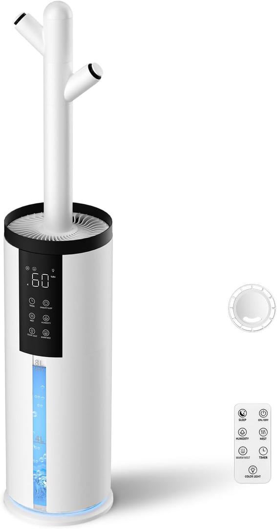 Humidifiers for Bedroom - GloryAir 2.11Gal (8L) Quiet Top Fill Cool & Warm Mist Humidifier Large Room 650 ft with Humidistat, diffuser, Auto Mode, 7-Color Light for Plants, Baby,Adults, Office & Home