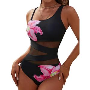Blooming Jelly Women's Sexy One Piece Bathing Suits Slimming Mesh Swimwear One Shoulder Swimsuits for Women 2026 (Black, M)