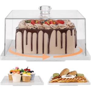 Square Cake Stand with Lid360 Rotatable Marble Cake Plate with Acrylic DomeStone Dessert Display Stand with Lid Cover for CheesePieChips & DipsTurnable Lazy Susan Serving Platter Spinner