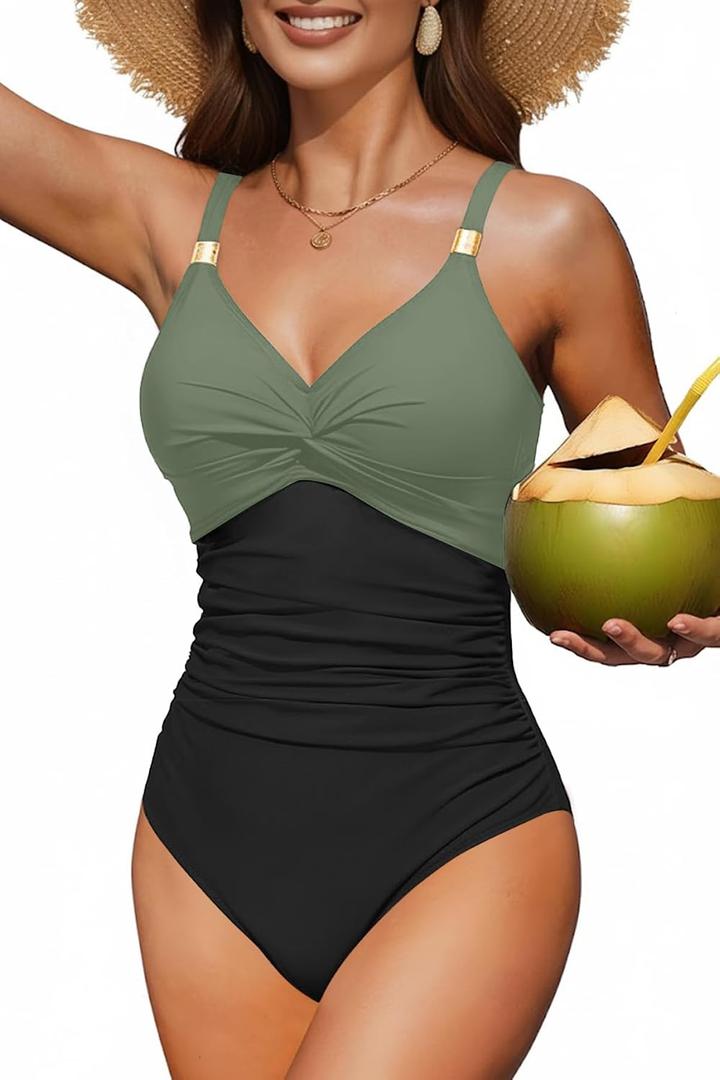 Daci Women's One Piece Swimsuit Tummy Control Bathing Suit Gold Metal Full Coverage Slimming Swimwear 2025 (XXL)