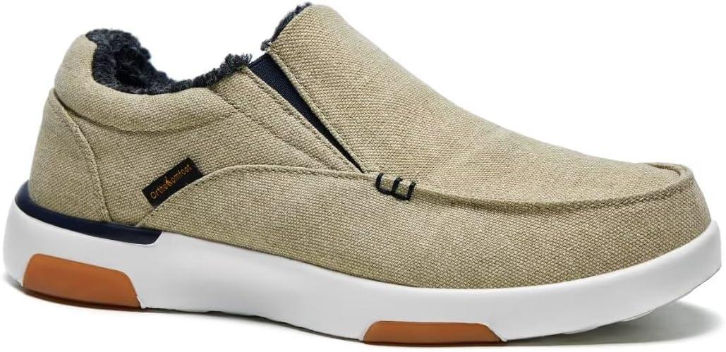 OrthoComfoot Men's Orthopedic Comfortable Slip-On Shoes with Arch Support, Orthotic Loafers for Plantar Fasciitis, Canvas Leisure Vintage Flat Walking Shoes for Foot and Heel Pain Relief (10.5, W3a-khaki( Built-in Fleece Lining ))