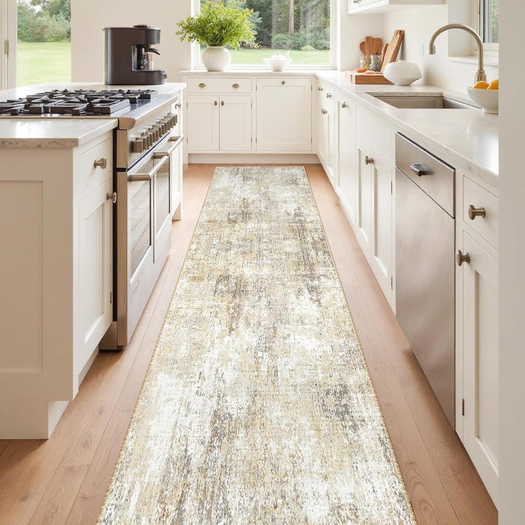 RELEANY Washable Area Rugs 2'x8' Non-Slip Modern Abstract Soft for Living Room Entryway Bedroom Nursery, Print Pattern, Neutral Brown Gray