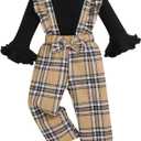 Renotemy Toddler Baby Girl Clothes Fall Winter Overalls Jumpsuit Ribbed Knit Sweater Plaid Suspender Pant 2PCS Outfits 12M-4T (12-18 Months, Black Brown Plaid)