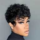 Chic Elegent Pixixe Cut Curly Wigs for Black Women Short Layered Pixie Cut Human Hair Wigs With Bangs Natural Black Color Summer No Glue Short Curly Human Hair Wig (Black Curl)