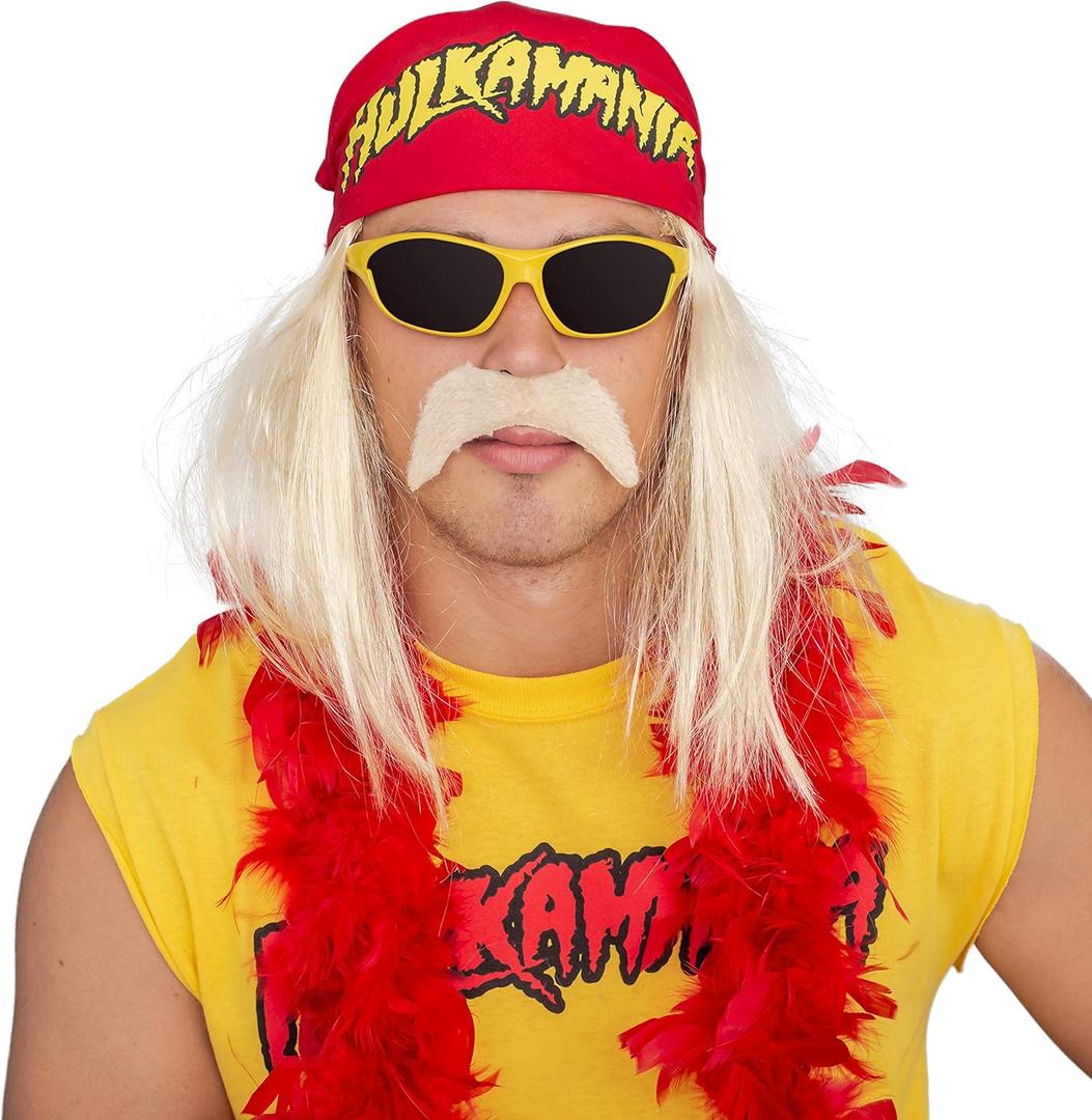 Hogan Wrestler Deluxe Complete Set Adult Halloween Costume Cosplay (Medium, Yellow Sunglasses/Red Bandana)