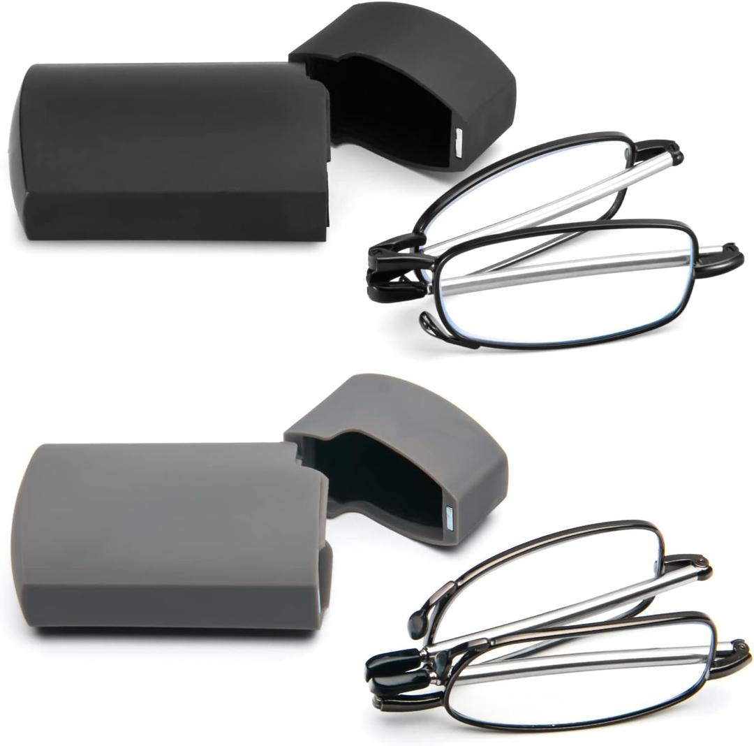 2 Pack Folding Reading Glasses Stainless Steel Mini Anti-Blue Light Blocking Reader for Men Women (2 Pack, black+gray)