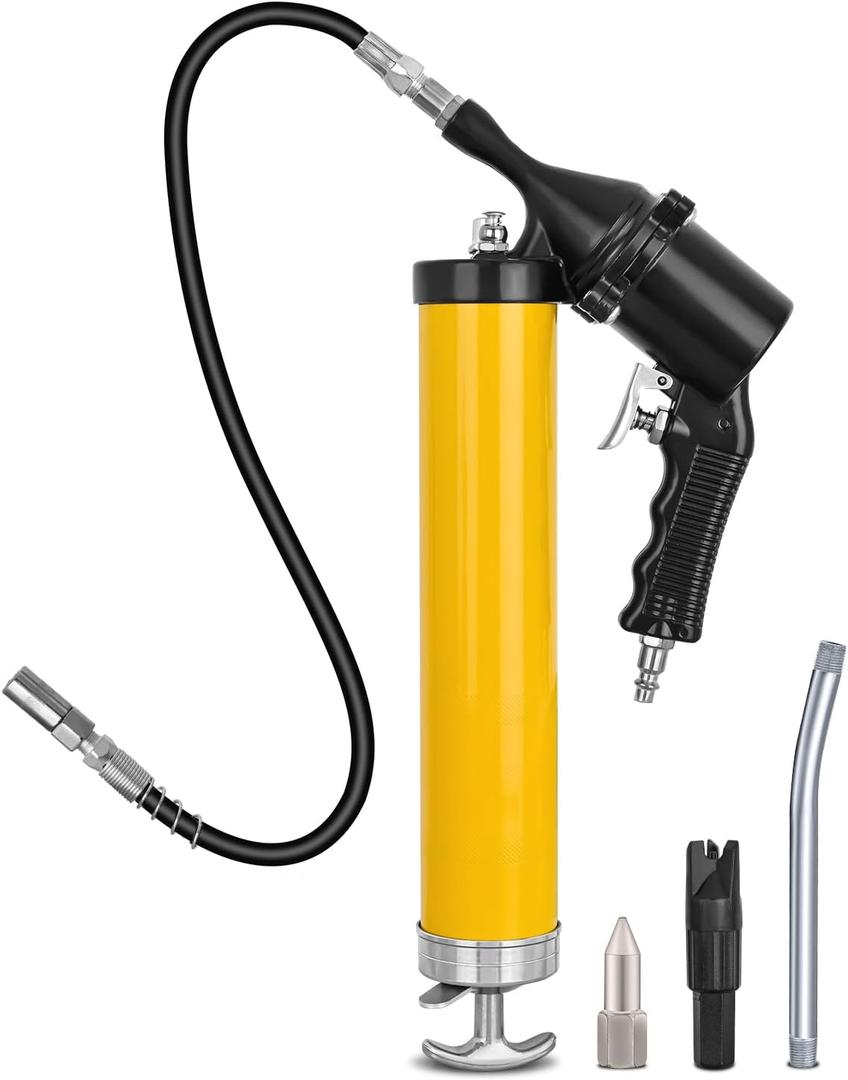 GOOACC Pneumatic Grease Gun 6000 PSI 14oz Heavy Duty Air Operated Grease Gun Kit with 18" Spring Flex Hose Rigid Pipe Coupler Pistol Grip Grease Guns for Automotive Farm Industrial Marine, Yellow 6PCS