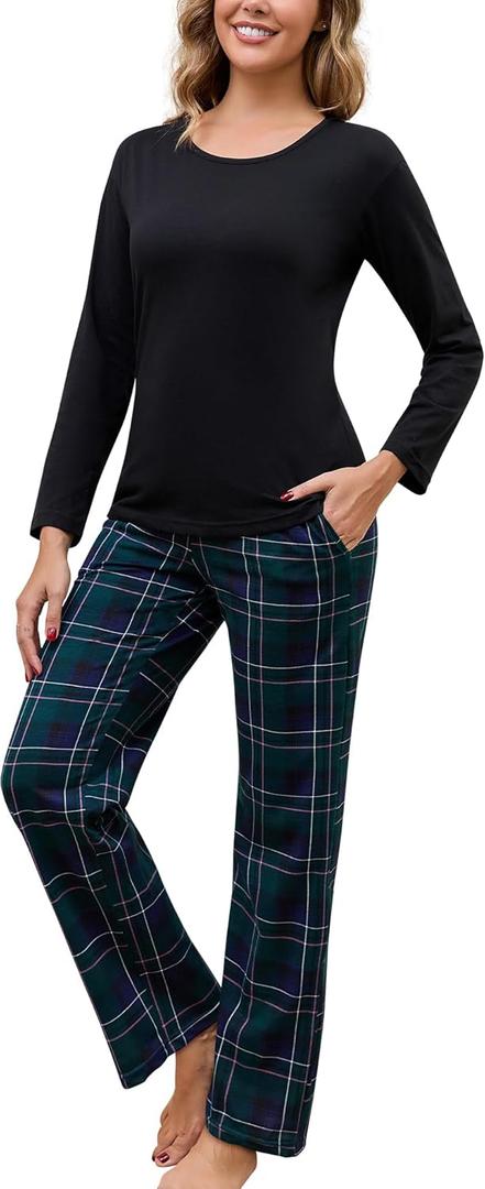 PNAEONG Women's Cotton Long-Sleeve Tops and Full-Length Pajama Set Two-Piece Pjs with Pockets SY008 (Large, Green Plaid)