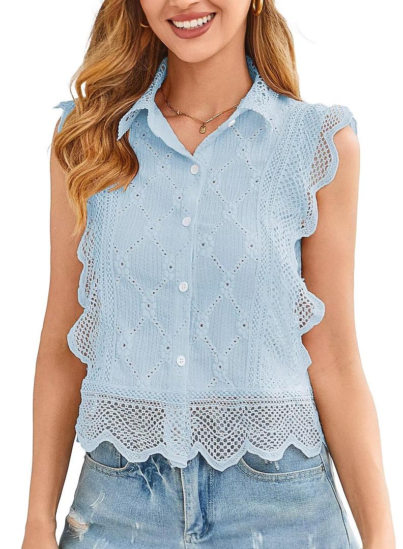 Falechay Summer Tops for Women 2025 Womens Tank Tops Button Down Ruffle Sleeve Shirts Boho Baby Doll Women's Sleeveless Blouses Trendy Crochet Flowy Fall Cute Tunics Peplum Business Camisole Blue L (Blue, L)