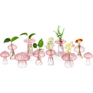 Hewory Glass Mushroom Vase for Flowers, 10pcs Pink Small Bud Flower Vases Unique, Mushroom Propagation Hydroponic Vases, Funky Cottagecore Decor for Home Room Kitchen Office Windowsill Decorations
