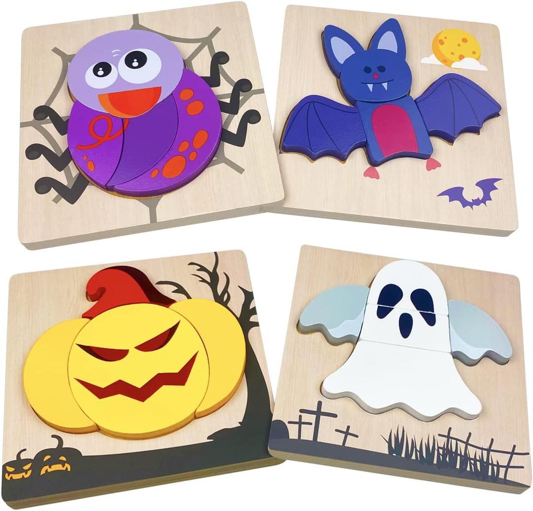 Anditoy 4 Pack Halloween Wooden Puzzles for Kids Toddlers Halloween Toys Party Favors Treat Bags Gifts