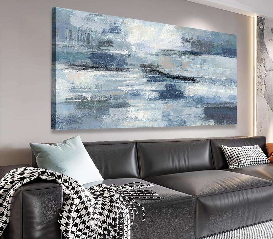 VEAEE Abstract Canvas Wall Art Vintage Blue White Grey Painting Ocean Canvas Wall Decor Modern Artwork Prints for Living Room Bedroom Bathroom Office Home Decoration Framed Ready to Hang 24" X 48"