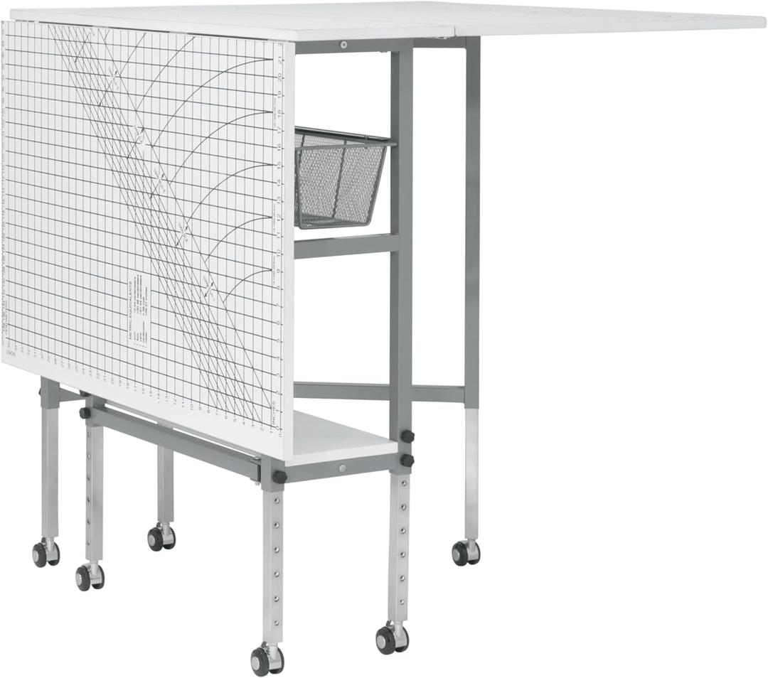 Sew Ready Foldable Hobby and Cutting Grid Table - 58.75" W x 36.5" D White Arts and Crafts Table with Grid Top and Silver Storage Drawers