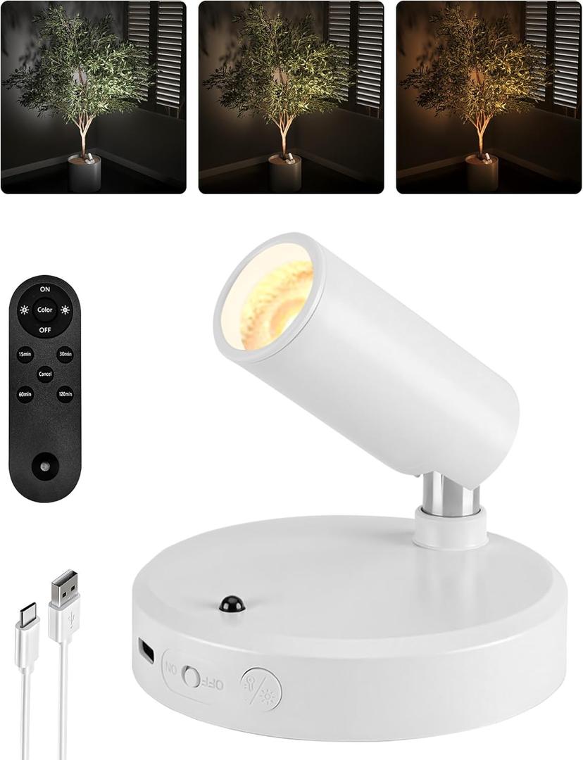 EZVALO Battery-Powered LED Spotlight Indoor, Wireless Picture Lights with Remote, 5500mAh Rechargeable Mini Display Light, Uplighting Indoor for Artwork, Tree, Painting, Portrait (1-Pack White)