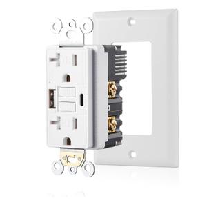 20 Amp Self-Test GFCI Outlet Combination with USB Type A and Type-C, Tamper Resistant Thinner Duplex Outlet, in-Wall, USB Charger for Smartphones, Tablets and Smart Home Appliance, White