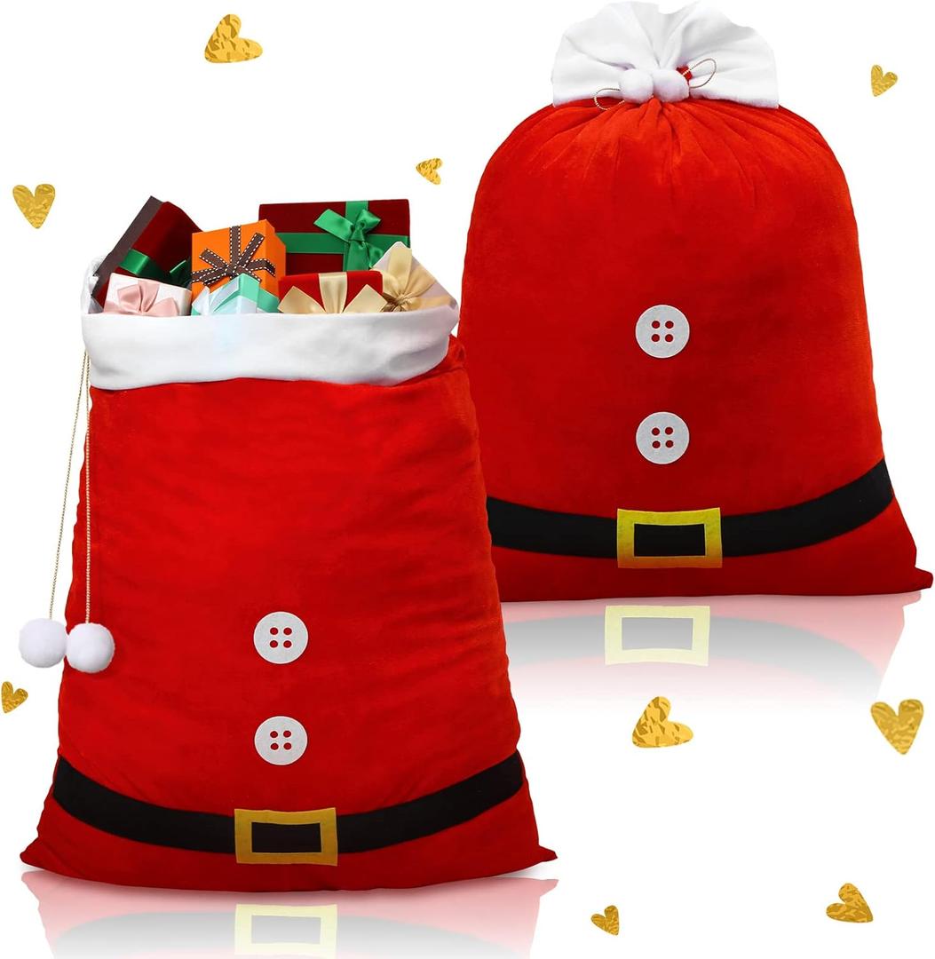 Hoolerry 2 Pcs Large Christmas Drawstring Gift Bag Santa Christmas Sacks for Presents Red Velvet 20 x 27 Inch Gift Bag for Xmas Party Supplies Holiday Wrapping (Santa Style)