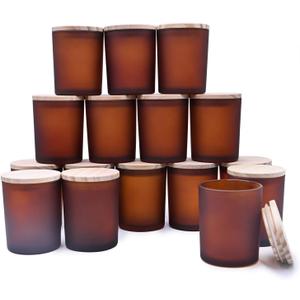 Thick Candle Jars for Making Candles 16 Pcs, 7 OZ Empty Jars with Wood Lids for Candle Making, Sample Container, Frosted Brown