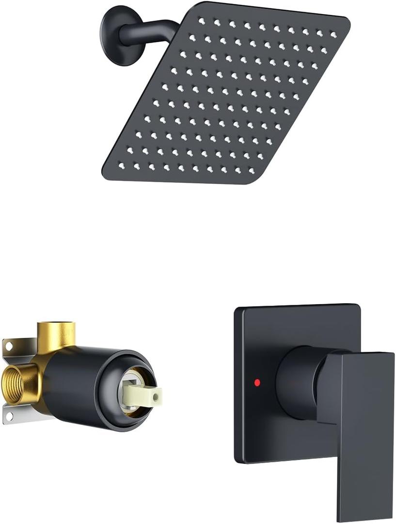SunCleanse 8 Inch Matte Black Rain Shower System with Pressure Balanced Anti-Scald Valve, Solid Brass Rough-In Valve & Single Handle Trim Kit, Shower Faucet Set for Home Bathroom Remodel Apartment