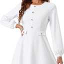 Allegra K Work Office Dress for Women's Button Decor A-Line Long Sleeve Dress White XS