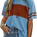 Angerella Womens Color Block Tops 2025 Summer Striped Short Sleeve T-Shirt Casual Crewneck Tunic Blouses Loose Fitted (Medium, 3-greyish Blue)