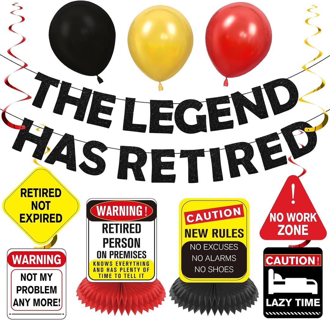 10pcs Funny Happy Retirement Party Decorations for Men Women Vintage Caution The Legend Has Retired Retirement Banner Balloons Hanging Swirls Table Centerpieces Retired Decorations for Farewell