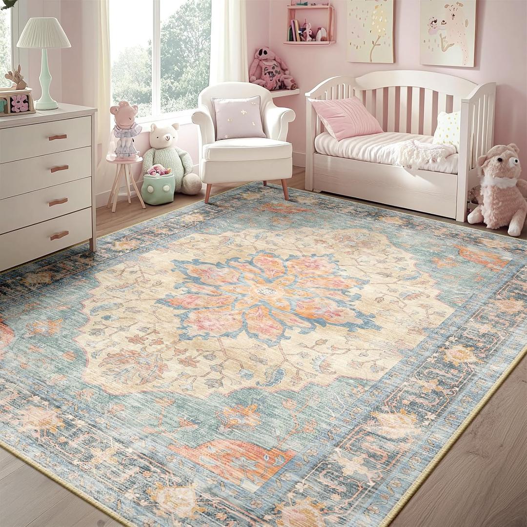 RELEANY Area Rugs 5'x7' Washable Non-Slip, Floral Vintage Distress Print Pattern Medallion Carpet for Living Room Bedroom Dining Room, Blue Orange Red