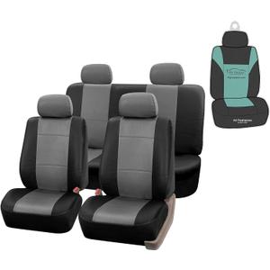 FH Group Car Seat Covers PU Leather Full Set Automotive Seat Covers Front Set and Rear Solid Bench Gray Black Seat Covers with Gift Universal Fit Interior Accessories for Cars Trucks and SUVs