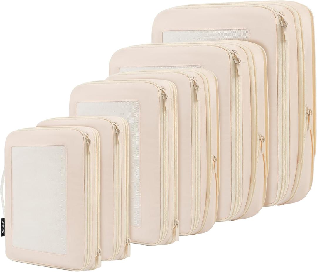 BAGAIL 4 Set/6 Set/8 Set Compression Packing Cubes Travel Accessories Expandable Packing Organizers(Beige SquareMesh 6 Set)