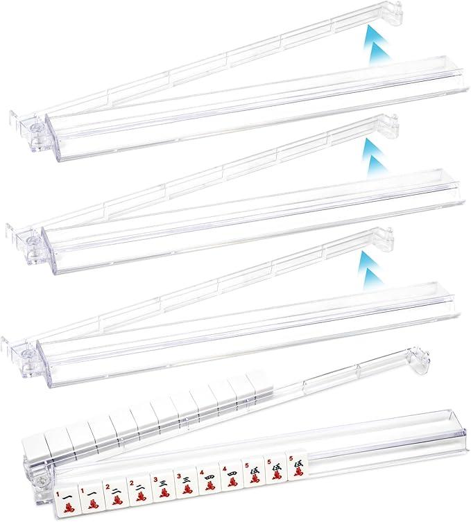 Non-Slip Mahjong Racks with Pushers Set of 4, 18'' Clear Acrylic American Mahjong Tile Racks/Trays/Holders, Imports Modern Mahjong Racks with Built-in Pushers, Mahjong Gifts (Clear)