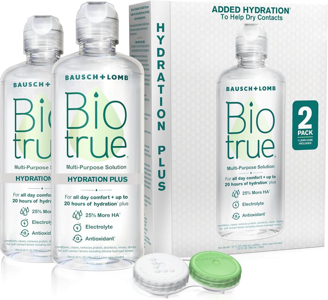 Biotrue Hydration Plus Contact Lens Solution with Lens Case, Multi-Purpose Solution for Soft Lenses, Hydrates with Hyaluronan, Cleans, Clears, and Disinfects for All-Day Comfort, 10 Fl Oz (Pack of 2)