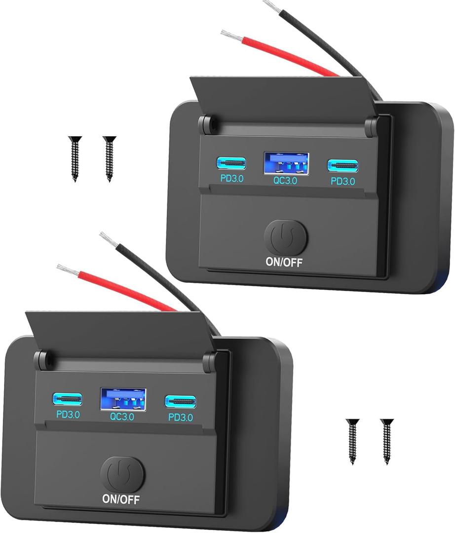 2 Pack 12V USB Outlet Surface Mount Lightweight, Dual USB C 30W and QC 18W Car USB Port 12 Volt USB Cigarette Lighter Replacement Charger Socket Panel with Button Switch for RV Bus Marine Motorcycle