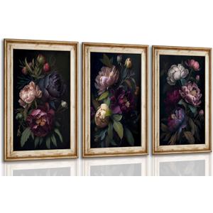 3 Pcs Moody Floral Canvas Wall Art Vintage Dark Peony Flowers Botanical Still Life Painting Picture Wall Decor Poster Print Artwork for Living Room Bedroom Women Room Home Decoration Unframed (16L" x 12W")
