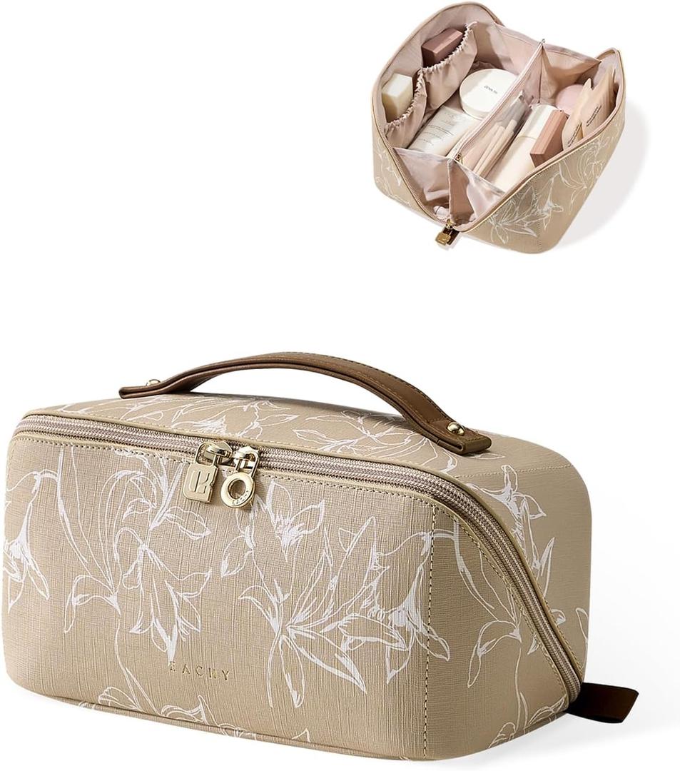 EACHY Travel Makeup Bag, Large Capacity Cosmetic Bags for Women, Waterproof Portable Pouch Open Flat Toiletry Bag Pattern Makeup Bag (F-Brown) (Medium)