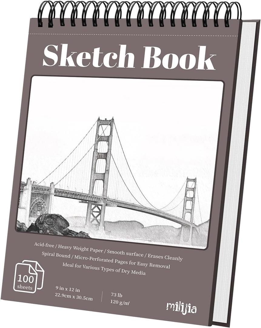 MILIJIA 9" x 12" Sketch Book, 100 Sheets(73lb/120gsm) with Tear-Out Pages, Spiral Bound School Drawing Pad, Art Supplies for Drawing, Illustration, Art Class Students (Brown)