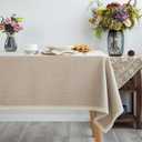 GLORY SEASON Lace Trim Tablecloth Linen-Look Textured Rustic Style Machine Washable Solid Heavy Weight Rectangle/Oblong Table Cloth Cover for Kitchen Dinning Tabletop Decoration 55x102 in Beige