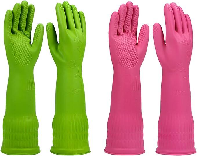 IUCGE Rubber dishwashing gloves 2 Pairs for kitchen,Cleaning washing dish gloves long for household reuseable durable.(Large,Multicolor)