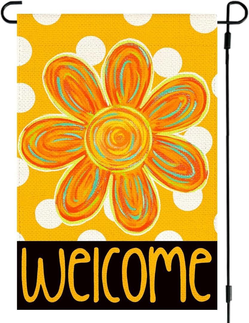 2 x RABUSOFA Summer Floral Garden Flag 12x18 Inch Double Sided Outside, Polka Dots Welcome Seasonal Yard Outdoor Decoration Small