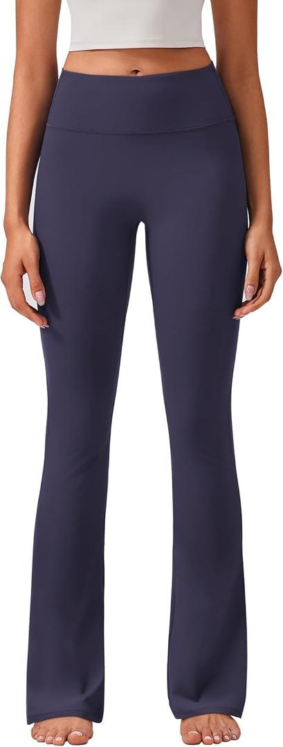 PINSPARK Womens Mini Flare Yoga Pants High Waisted Bootcut Leggings Athletic Bootleg Pants with Back Pockets (Blue, L)