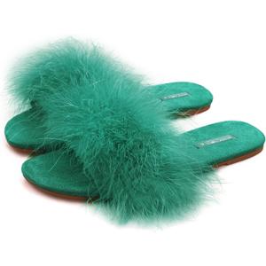 BCTEX COLL Women's Fuzzy Open Toe Slippers Memory Foam Feather Slides Fluffy Furry Indoor House Sandals (10, Green)
