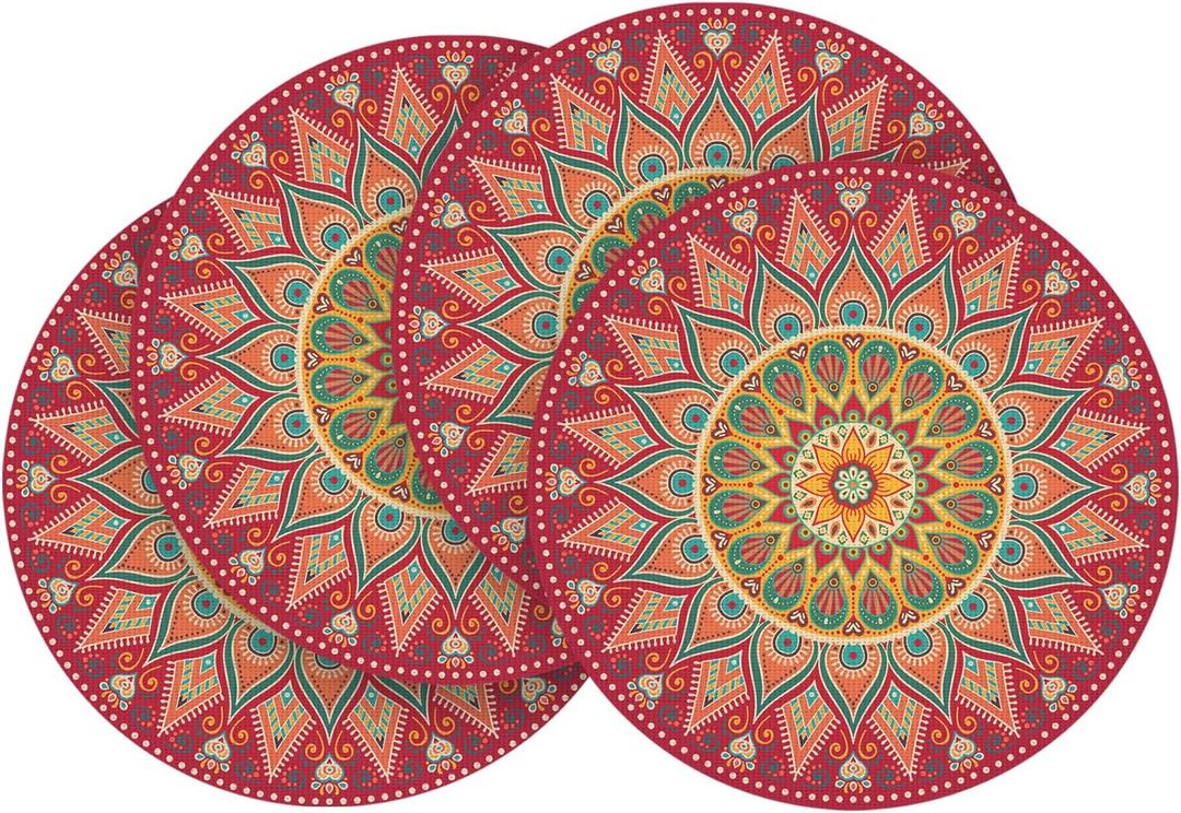 Artoid Mode Red Mandala Vinyl Plastic Placemats Set of 4, 14 Inch Washable Non-Slip Woven Round Table Mats for Party Kitchen Dining Decor (12" x 18", Rectangular)
