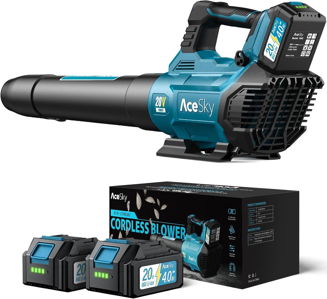 Leaf Blower Cordless, 580CFM/160MPH & 3 Speed Levels, Electric Cordless Leaf Blower with 2 * 4.0Ah Battery Powered, Blowers for Lawn Care, Blower with Extension Nozzle