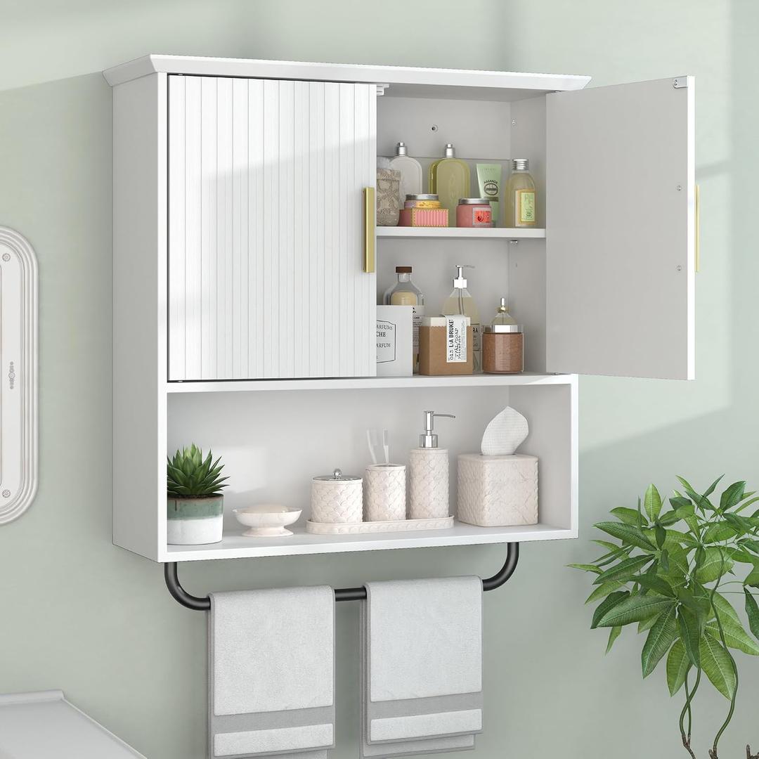 Bathroom Wall Cabinet with Towel Bar, 2 Doors & Adjustable Shelves - Space Saving Wood Wall Mounted Medicine Cabinet Storage Organizer for Bathroom, Laundry, Kitchen, Living Room (White), 7.87"D x 23.6"W x 26.6"H