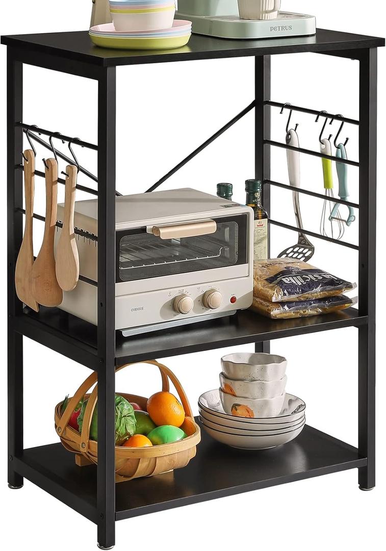 YMYNY Standing Baker's Racks, 3-Tier Microwave Oven Stand with Metal Frame and 6 Hooks, Coffee Bar Table, Storage Shelf Rack for Kitchen and Living Room, Panel Adjustable, Black, UHTMJ022B