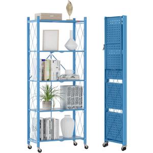DEANIC 5-Shelf Folding Bookcase with Wheels, Heavy Duty Storage Shelves, Freestanding Metal Wire Shelving Unit for Living Room, Office, Kitchen, Basement, Pantry(Blue), Compact 5 tier