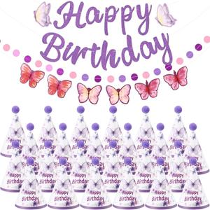 AmazingSpark 25 Pcs Purple Butterfly Birthday Party Set Includes 24 Cone Hats with Pompoms and 1 Happy Birthday Banner for Butterfly Themed Parties Baby Showers Photo Props Decorations