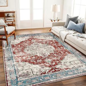Washable Area Rug 8'x10' Red Blue Retro Boho Design Non-Shedding Non-Slip Easy Care Ideal for High Traffic Areas in Living Room Bedroom Office Coffee Table Kitchen Large Carpet (8' x 10' (Rectangular), Red and Blue)