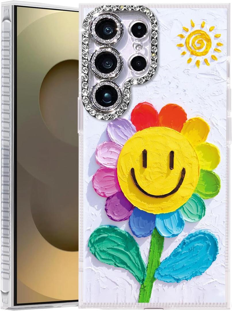 2 x Compatible with Samsung Galaxy S22 Ultra Case,with [Shockproof Protective][Camera Protection] Cute Rainbow Flower Aesthetic Phone Cover Anti-Yellowing Soft Slim Cover for Women Girl-White, (Mix)